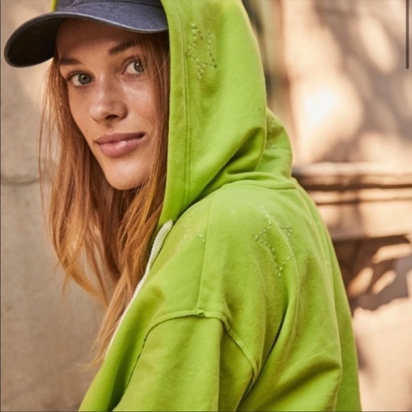 NWT Anthropologie Saturday/Sunday Starry Cropped Hoodie Sweatershirt Green Large - Picture 2 of 8